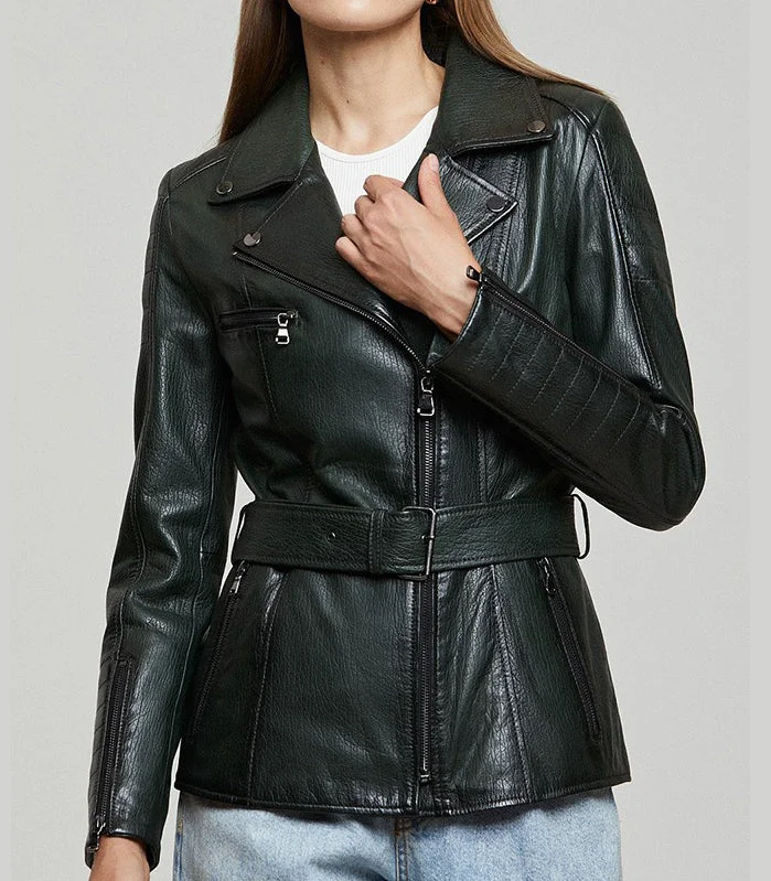 Women’s fur coats for luxurious warmth -Audrey Green Stylish Leather Jacket With Center Belt For Women