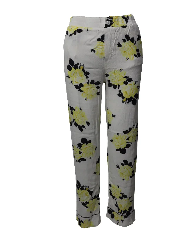 Women’s pencil pants for slim fit -Ganni Floral Print Elastic Waist Trousers in White Viscose