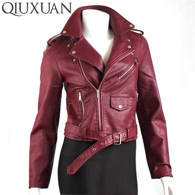 Women’s fleece jackets for outdoor warmth -QIUXUAN Women PU Leather Jacket