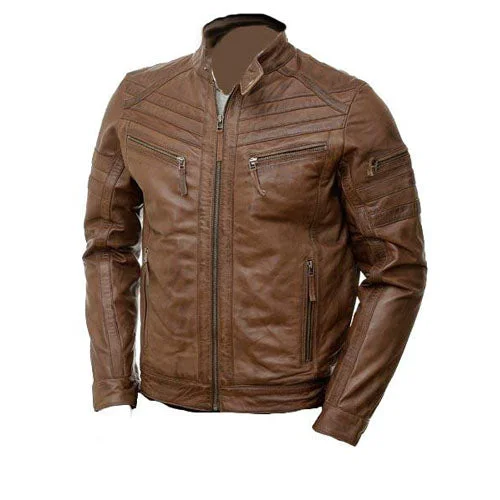 Women’s double-breasted coats for structured look -Brown moto style jacket with patterns