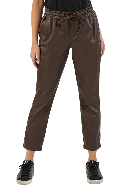 Women’s wide-leg pants for comfortable wear -Alanna Drawstring Pleather Pant In Brown