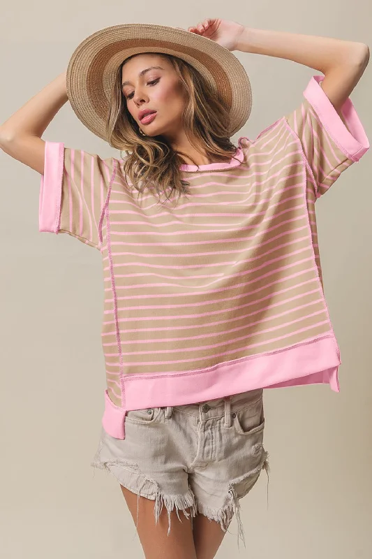 Women’s button-up blouse tops for professional look -BiBi Exposed Seam Stripe Contrast T-Shirt