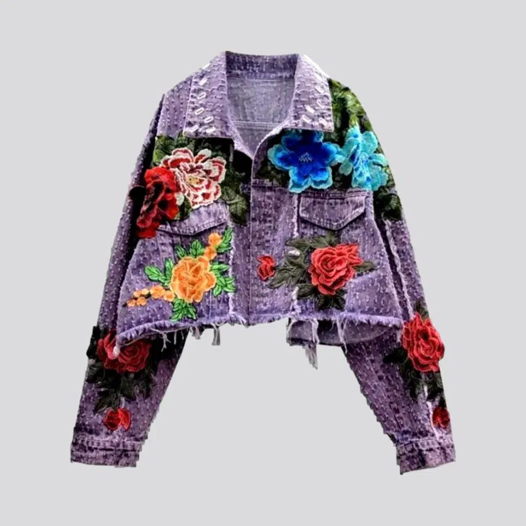 Women’s denim outerwear for casual fashion -Embroidered women's jean jacket