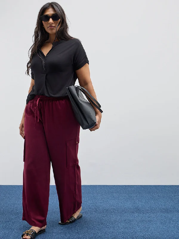 Women’s knit pants for comfort and style -Gia Maroon Cargo-Style High-Rise Pants