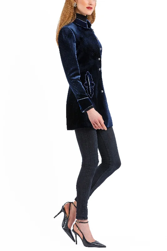 Women’s wool blend jackets for warmth and style -Long Blazer from dark blue embossed velvet.