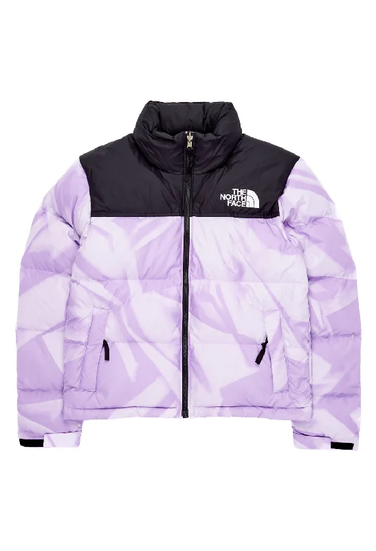 Women’s stylish rain jackets for wet days -The North Face Women’s 1996 Retro Nuptse Jacket - Icy Lilac Garment Fold Print