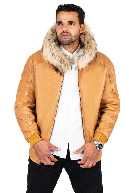 Women’s bomber jackets for casual style -Heavyweight lambskin leather jacket with fox fur trimmed hood Style #2066F