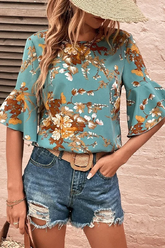 Women’s slouchy tops for relaxed chic -Printed Round Neck Half Sleeve Blouse