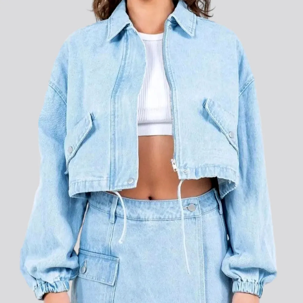 Women’s bomber coats for sporty look -Fashionable crop style denim jacket for ladies