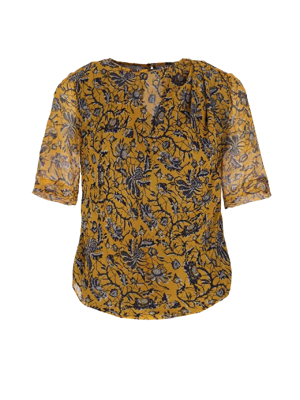 Women’s long sleeve tops for cooler days -floral-print silk blouse