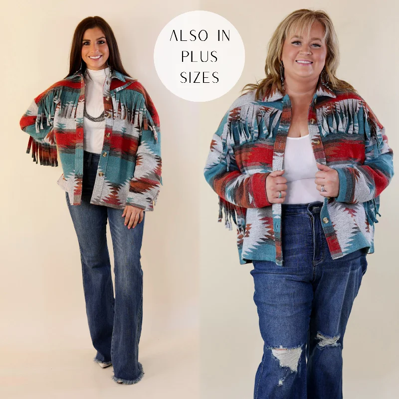 Women’s kimono coats for flowy elegance -Take Over Aztec Print Button Up Jacket with Fringe in Grey