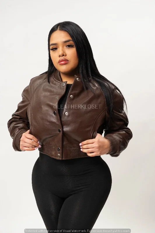 Women’s down jackets for lightweight warmth -Women's Crop Leather Varsity Jacket [Brown]