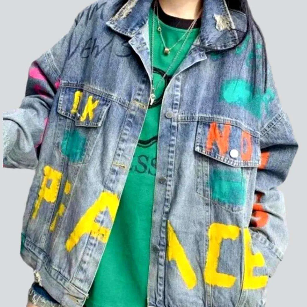 Women’s vintage coats for retro-inspired style -Neon letters vintage denim jacket
 for ladies