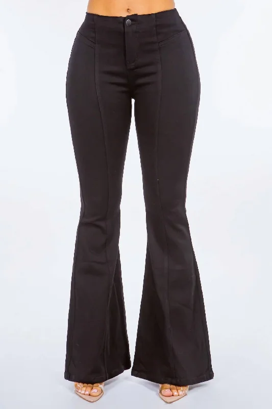 Women’s pleated pants for tailored elegance -High Waist Pull On Flare Jeans In Black