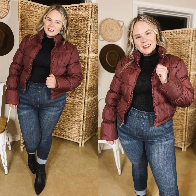 Women’s cashmere coats for luxurious feel -Wrapped In Cozy Cropped Puffer Jacket in Maroon