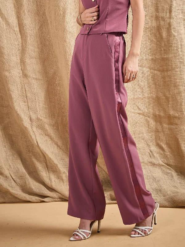 Women’s wide-leg pants for comfortable wear -Women Dark Pink Straight Fit Side Tape Pants