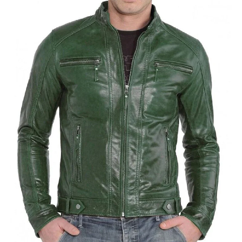 Women’s leather jackets for edgy look -Slim Fit Green Leather Zipper Up Jacket