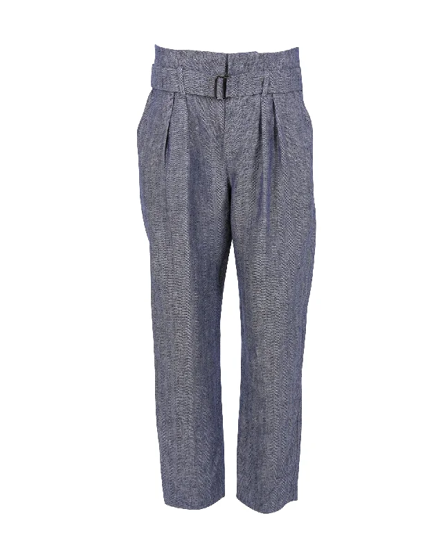 Women’s tuxedo style pants for formal events -Brunello Cucinelli Belted Pleated Trousers in Blue and White Hemp Linen