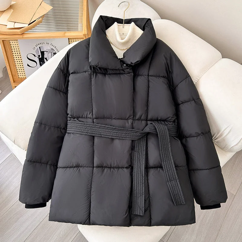 Women’s trench coats for stylish layering -Winter Plaid Sewing Lapel Coat With Lace-up Design Fashion Loose Solid Thick Jacket Outerwear Women's Clothing