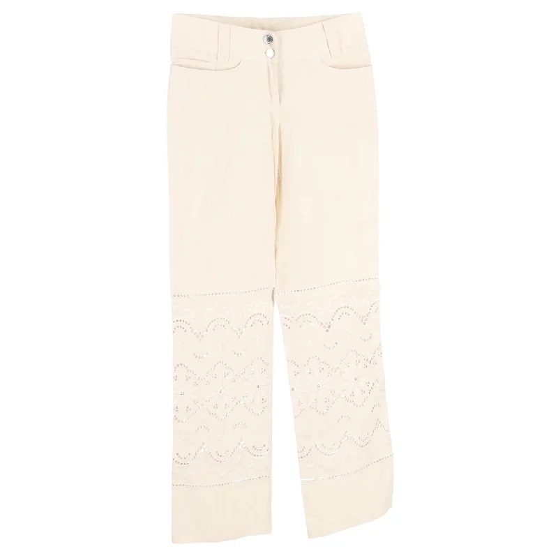 Women’s office pants for professional outfits -Dolce & Gabbana Lace Cutout Flower Trousers in White Linen