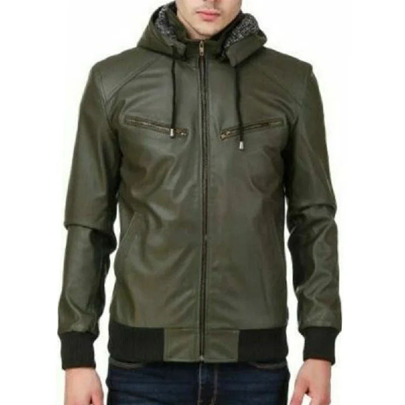 Women’s puffer jackets for warmth and comfort -Men Zipper Green Leather Jacket