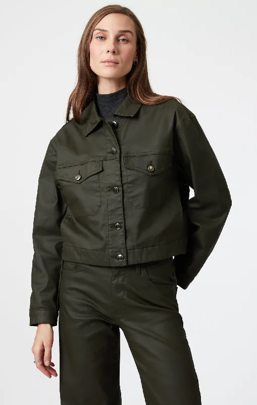 Women’s lightweight jackets for spring and fall -MAREN CROP JACKET IN DARK OLIVE COATED