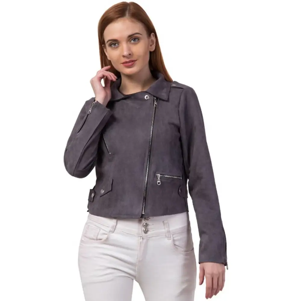 Women’s long sleeve jackets for cooler weather -Classic Suede Biker Jacket