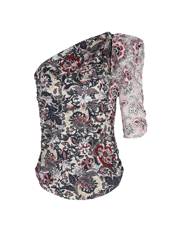 Women’s fleece-lined tops for added warmth -floral-print one-shoulder cotton blouse