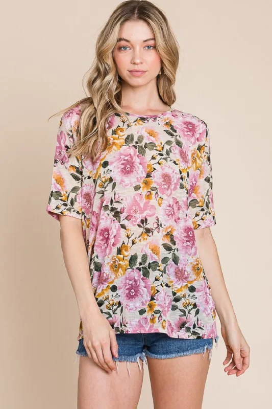 Women’s jersey tops for comfortable wear -BOMBOM Floral Round Neck T-Shirt