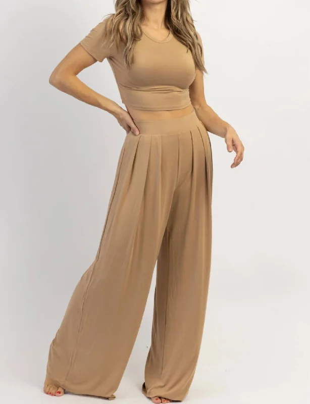 Women’s palazzo pants for relaxed chic -Butter Soft Palazzo Pants Top Set In Toffee