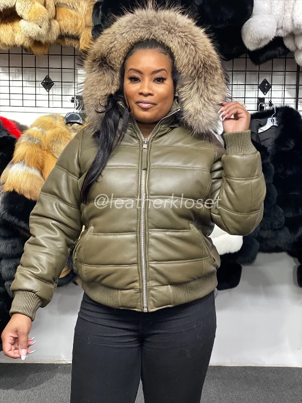 Women’s faux suede jackets for stylish appeal -Women's Leather Snorkel Bomber Jacket Premium Racoon Fur Hood [Olive]