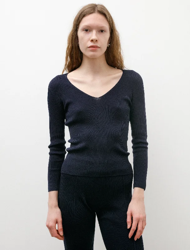 Women’s turtleneck tops for warm layering -Rib V-Neck Top Navy