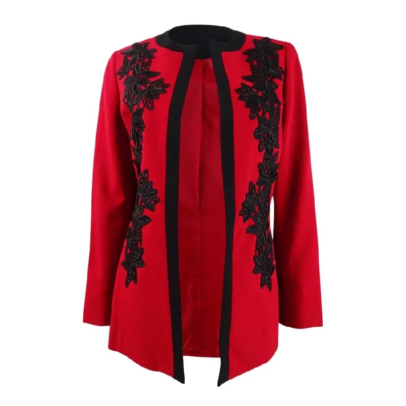 Women’s overcoats for formal occasions -Kasper Women's Lace-Trim Open-Front Jacket (4, Fire Red/Black)