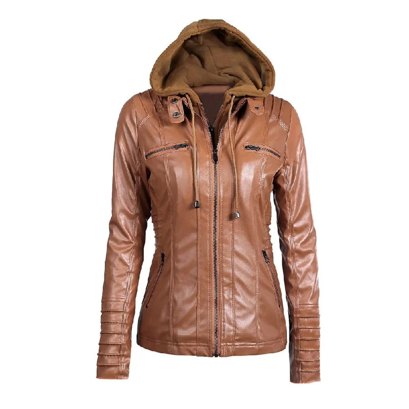 Women’s sporty rain jackets for active lifestyle -Autumn Winter Women Faux Leather Jacket