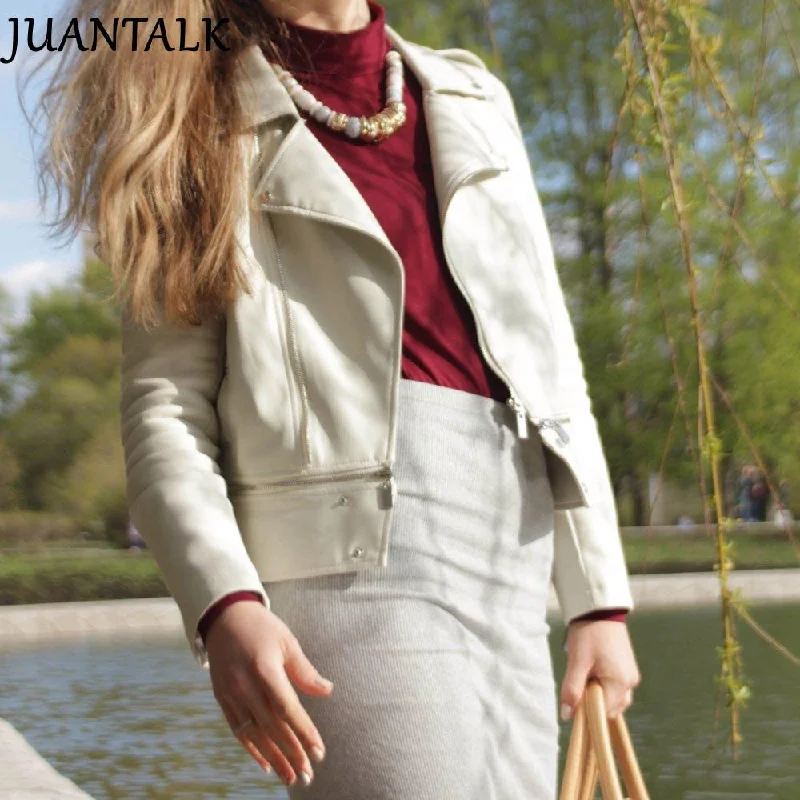 Women’s long sleeve jackets for cooler weather -JUANTALK Fashion Spring Autumn Women Soft Faux Washed Leather Jacket