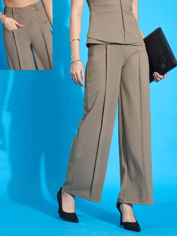 Women’s pleated pants for tailored elegance -Women Beige Front Pleated Straight Fit Trousers