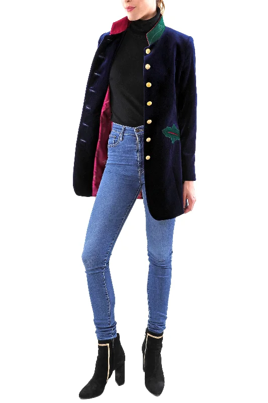 Women’s leather trench coats for bold style -Long blazer from midnight blue velvet and loden