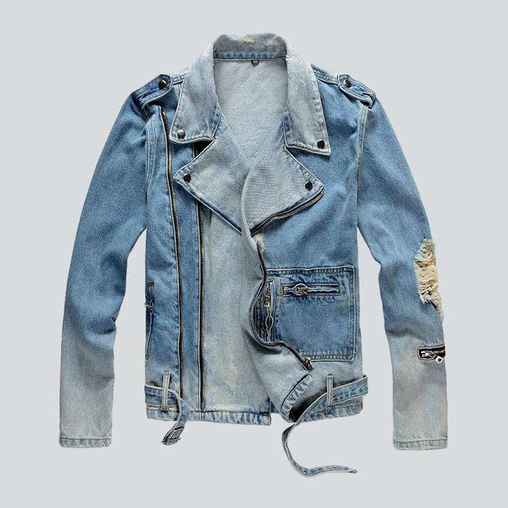 Women’s wrap coats for easy-to-wear style -Contrast blue biker denim jacket