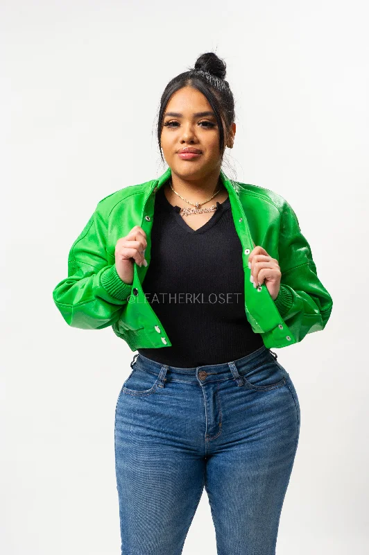 Women’s belted coats for flattering shape -Women's Crop Leather Varsity Jacket [Green]