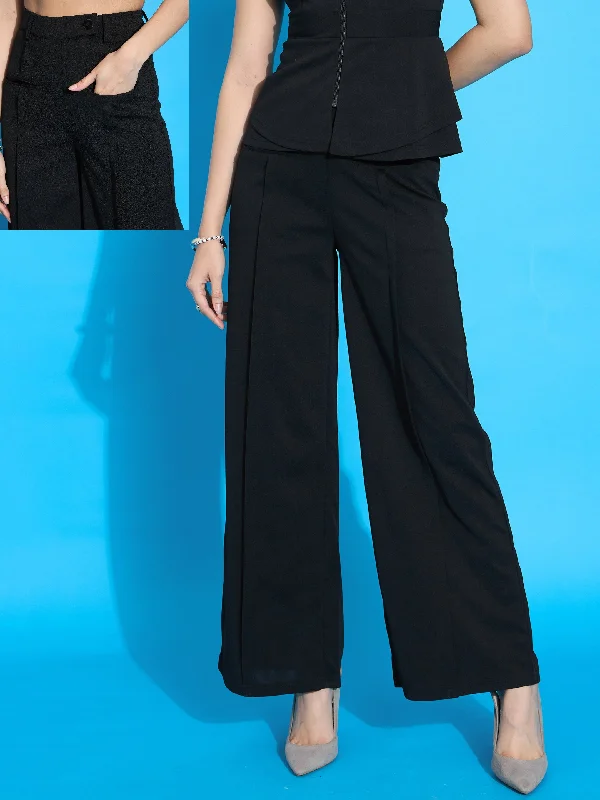 Women’s harem pants for boho chic look -Women Black Front Pleated Straight Fit Trousers