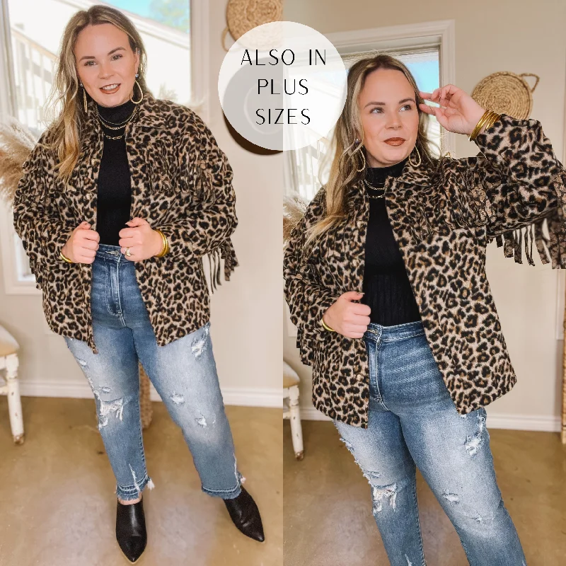 Women’s denim jackets for casual outfits -Take Over Leopard Print Button Up Jacket with Fringe in Brown