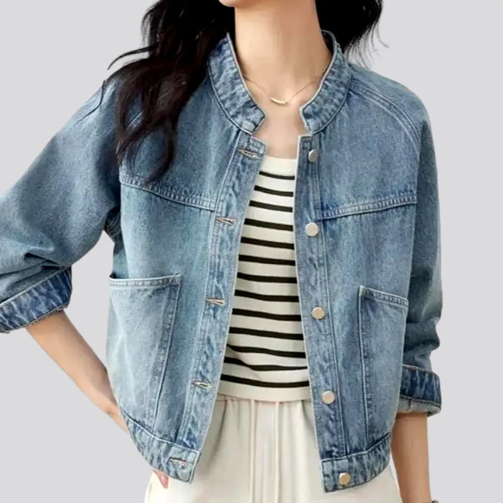 Women’s bomber vests for sporty fashion -Light-wash sanded jean jacket for women