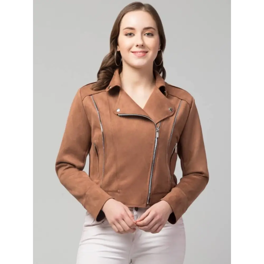 Women’s structured blazers for office wear -Classic Zipper Suede Biker Jacket