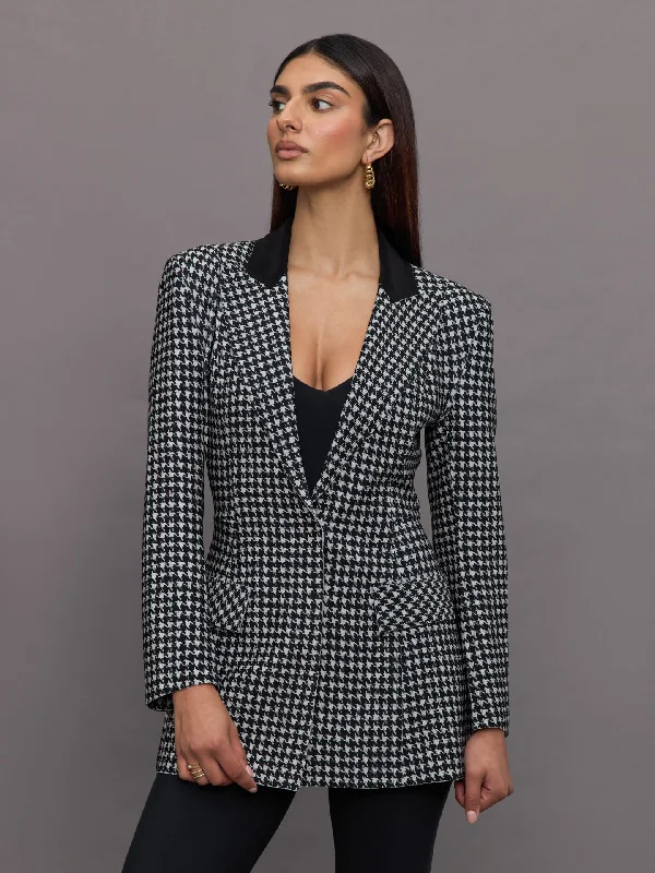 Women’s sleeveless jackets for layering -Single Breasted Boy Fit Riding Jacket - Large Houndstooth/ Black