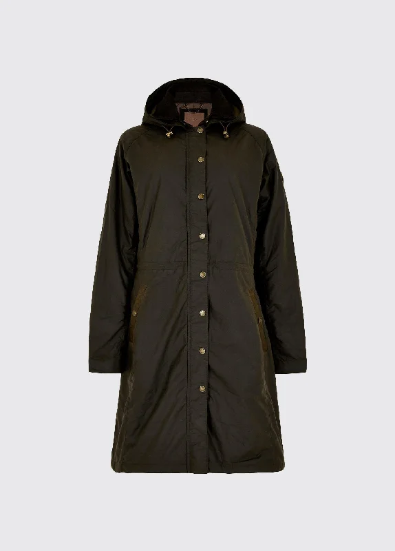 Women’s rainproof jackets for wet conditions -Redington Ladies Long Waxed Coat - Verdigris