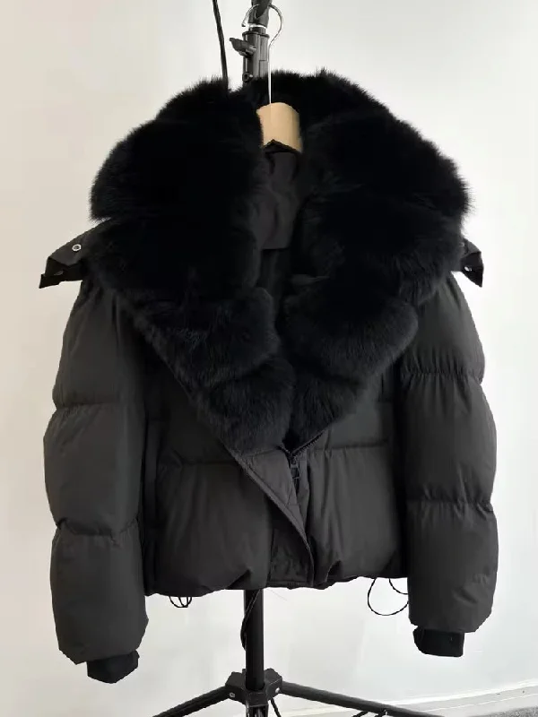 Women’s wool blend jackets for warmth and style -Luxurious Women's Duck Down Jacket with Natural Fur Collar & Removable Hood