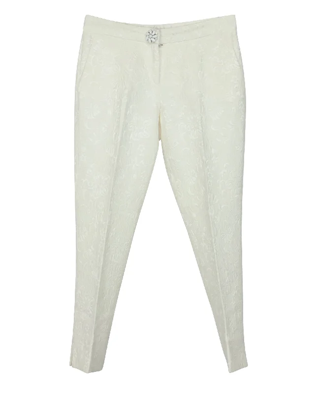 Women’s wide-leg trousers for office style -Dolce & Gabbana Floral Jacquard Trousers in Ivory Cotton