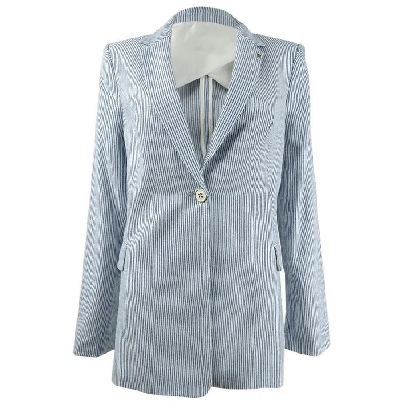 Women’s fleece jackets for outdoor warmth -Tommy Hilfiger Women's Striped Notched-Lapel Topper Jacket (4, Blue/Ivory)