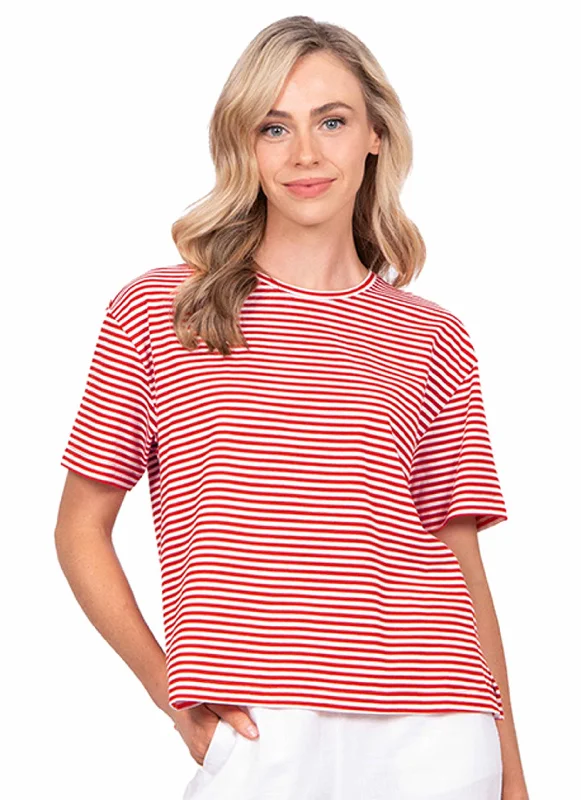 Women’s polo tops for sporty look -WILLOWS STRIPED RELAXED TEE - TANGELO / WHITE