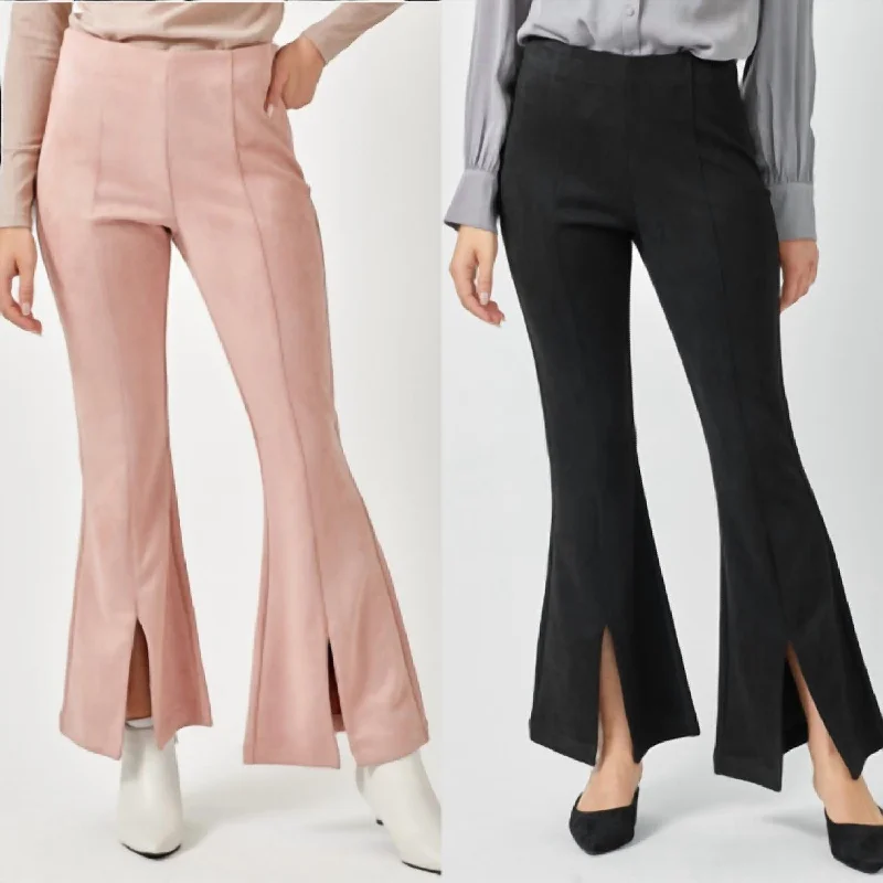 Women’s button-front pants for easy wear -Suede Flare Front Slit Pants In Pink